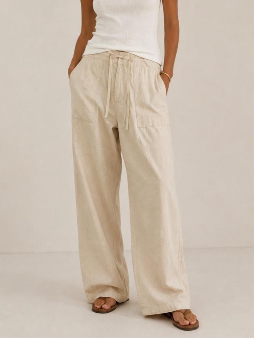 Beige Wide Leg Flax Cotton Blend Pants Women’s XL Coastal Beach Vacation Resort